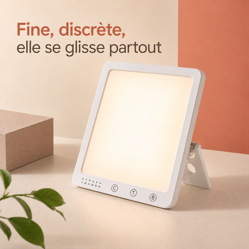 Lampe de luminothérapie Lumaube vue de profil, fine et discrète (11mm)