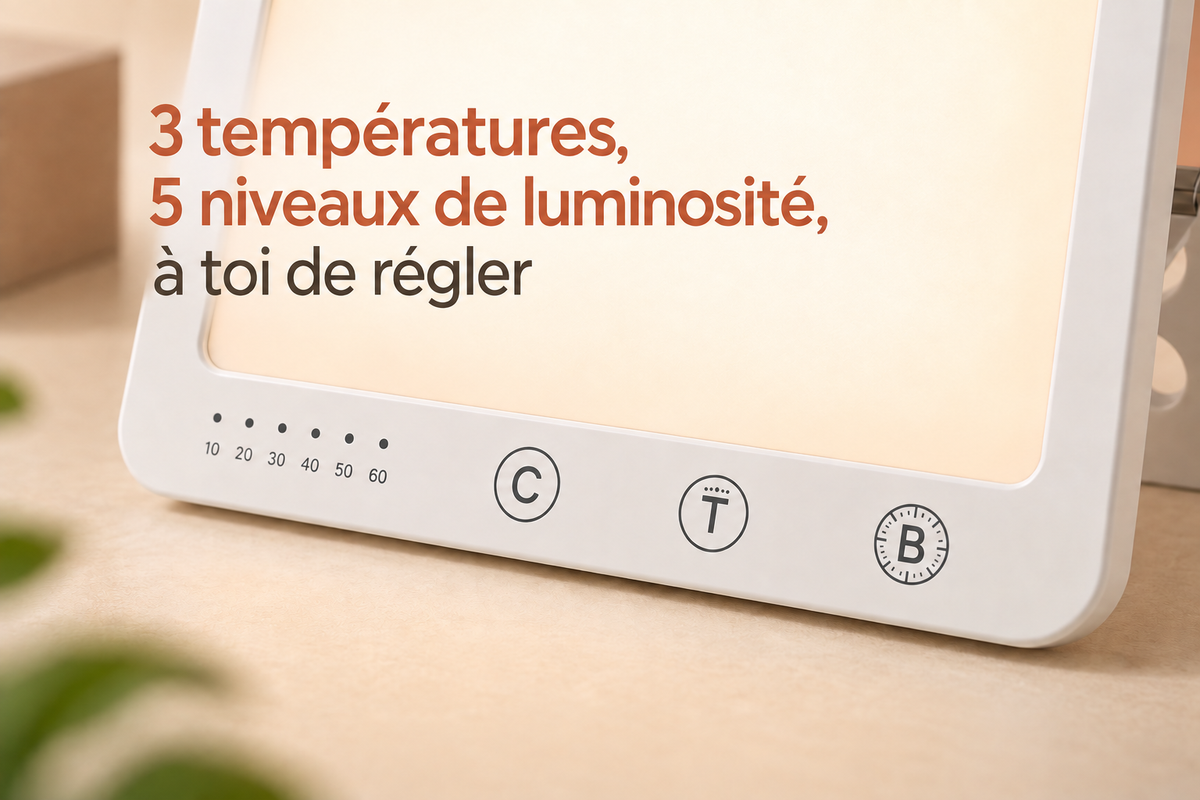 Commandes de la lampe Lumaube, 3 températures de lumière et 5 niveaux de luminosité
