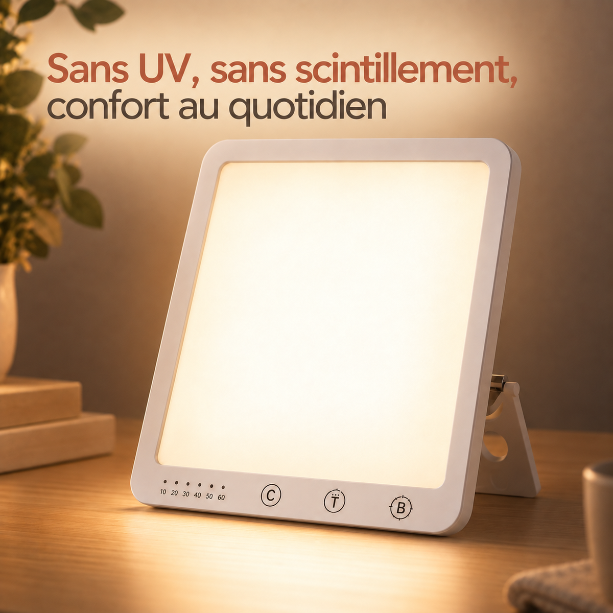 Lampe de luminothérapie Lumaube allumée, lumière douce sans UV ni scintillement