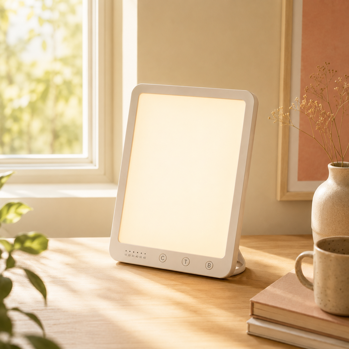 Lampe Lumaube allumée le matin, lumière douce