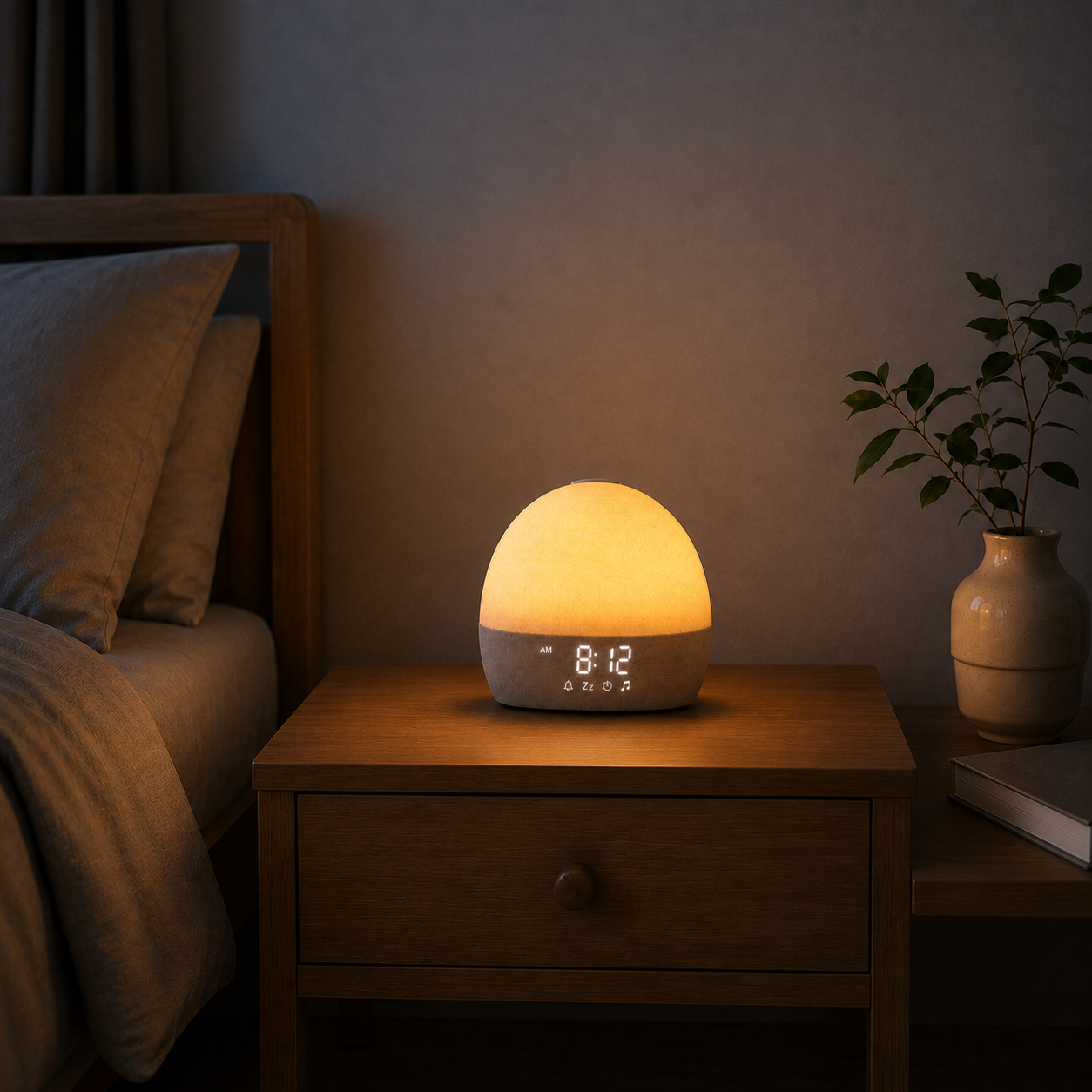 Réveil Lumaube allumé le soir dans une chambre apaisée