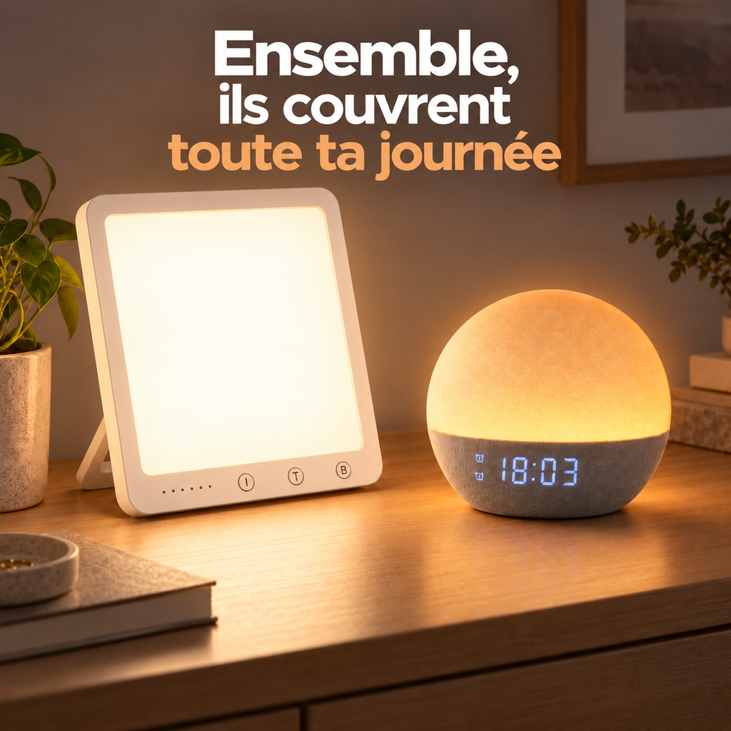Lampe et réveil Lumaube allumés ensemble, le duo de la routine sommeil