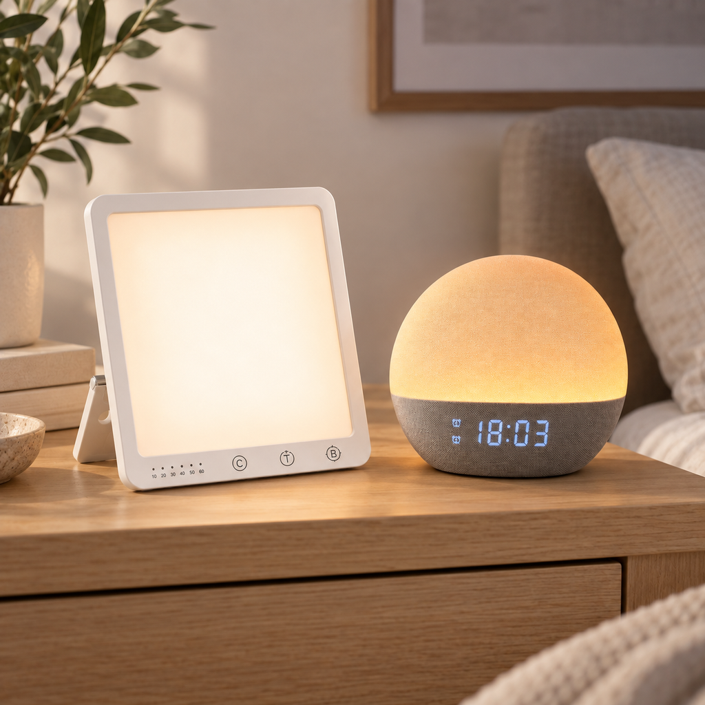 Lampe et réveil Lumaube posés ensemble sur une table de chevet