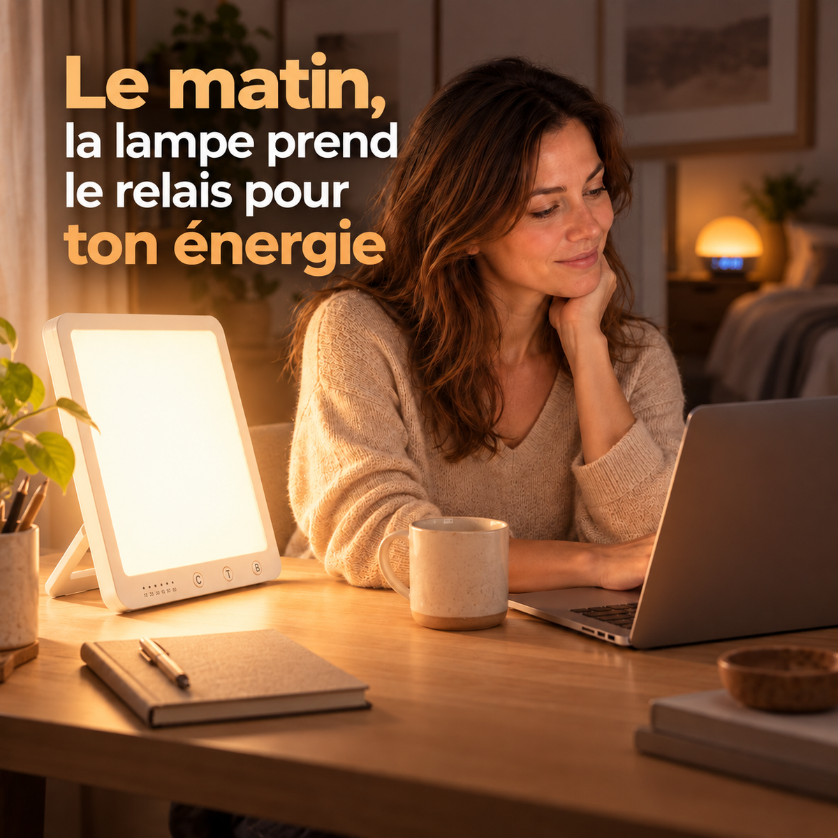 Lampe de luminothérapie Lumaube utilisée au réveil, routine du matin