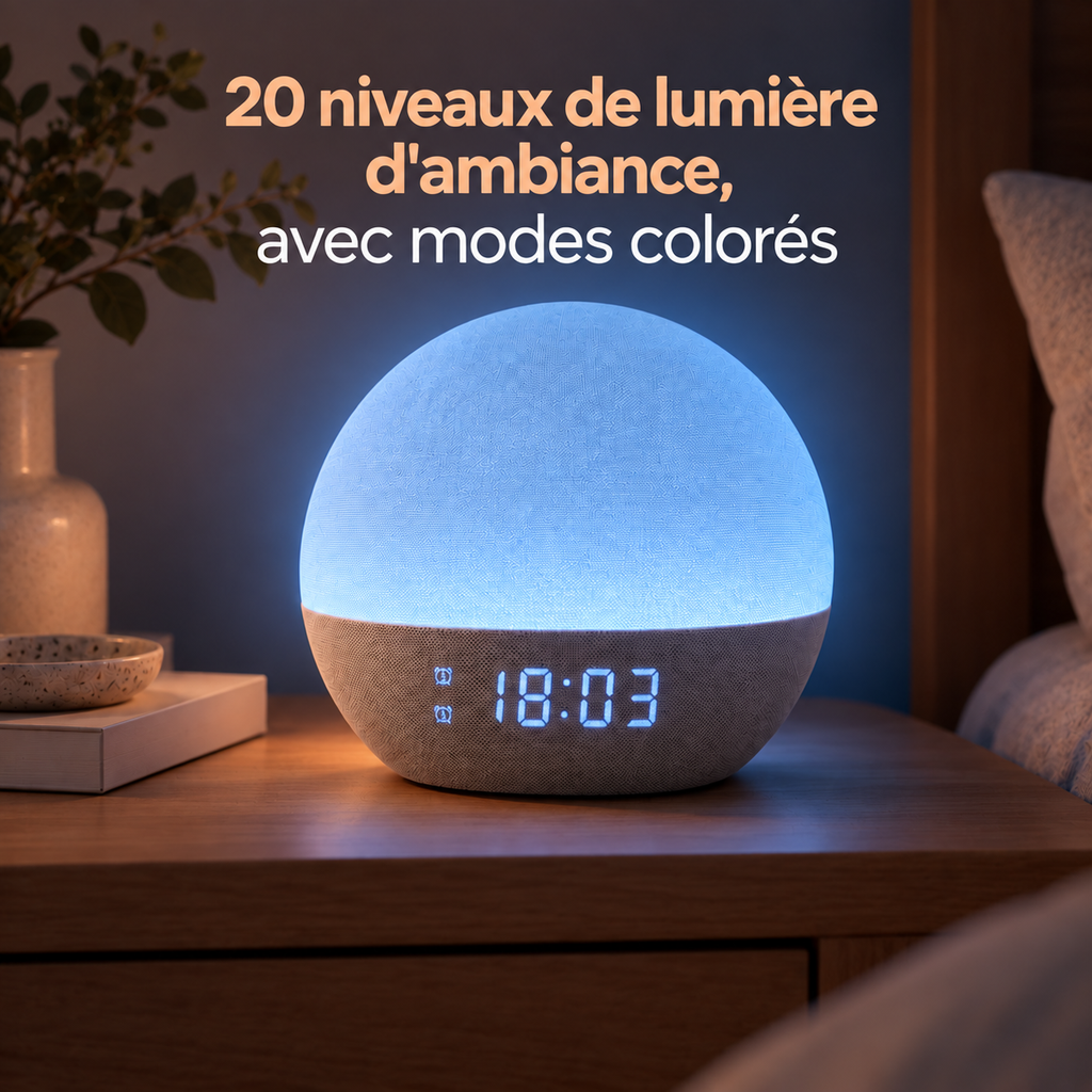 Réveil Lumaube en mode lumière d'ambiance colorée, 20 niveaux réglables