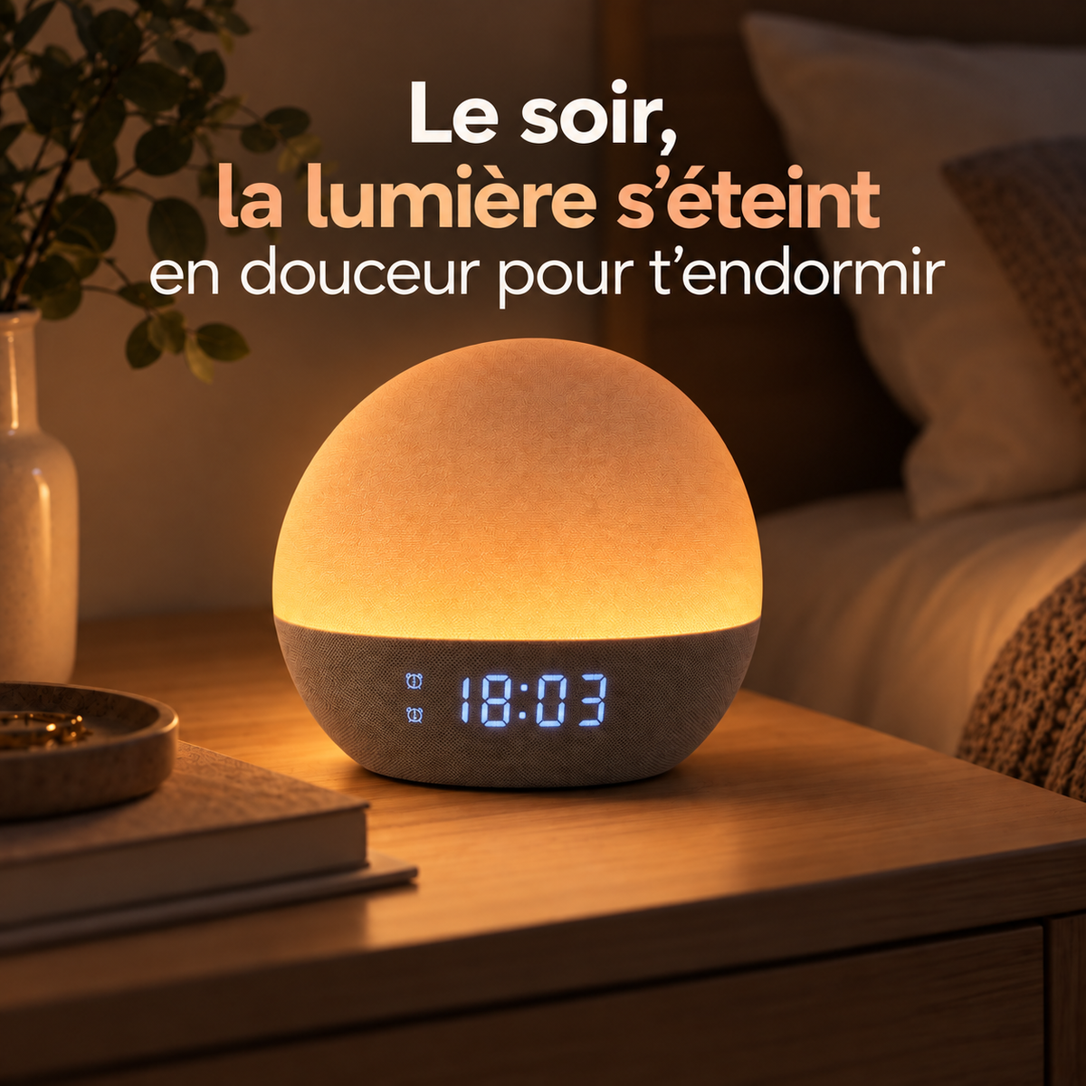 Réveil Lumaube en mode coucher, la lumière s'éteint progressivement pour s'endormir