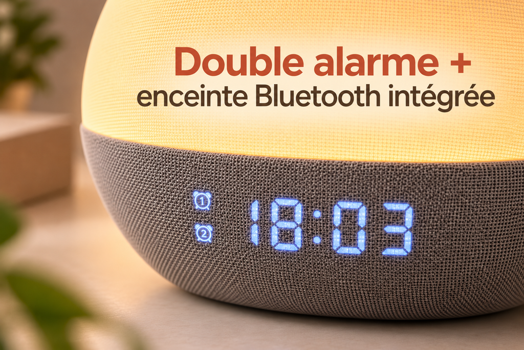 Écran du réveil Lumaube — double alarme et enceinte Bluetooth intégrée