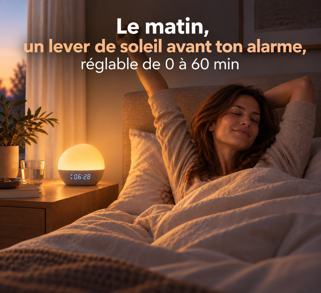 Réveil simulateur d'aube Lumaube, montée progressive de lumière avant l'alarme