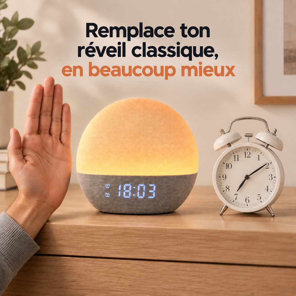 Taille réelle du réveil simulateur d'aube Lumaube comparée à un réveil classique
